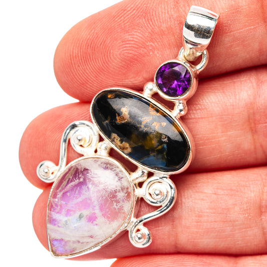 Oval gemstone pendant in .925 sterling silver: purple amethyst, dark pietersite, pink moonstone