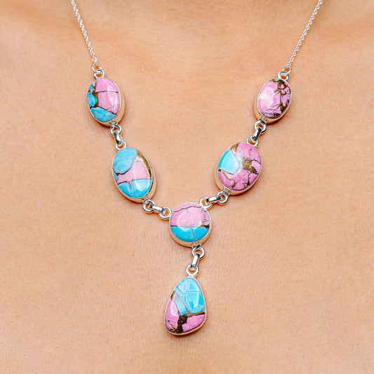 Turquoise and pink teardrop pendant necklace, .925 sterling silver chain, 18–20 in