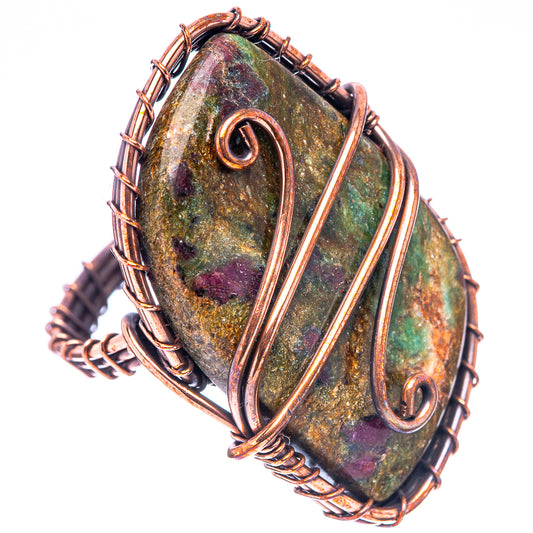 Oxidized copper wire ring with oval green-and-red fuchsite cabochon centerpiece