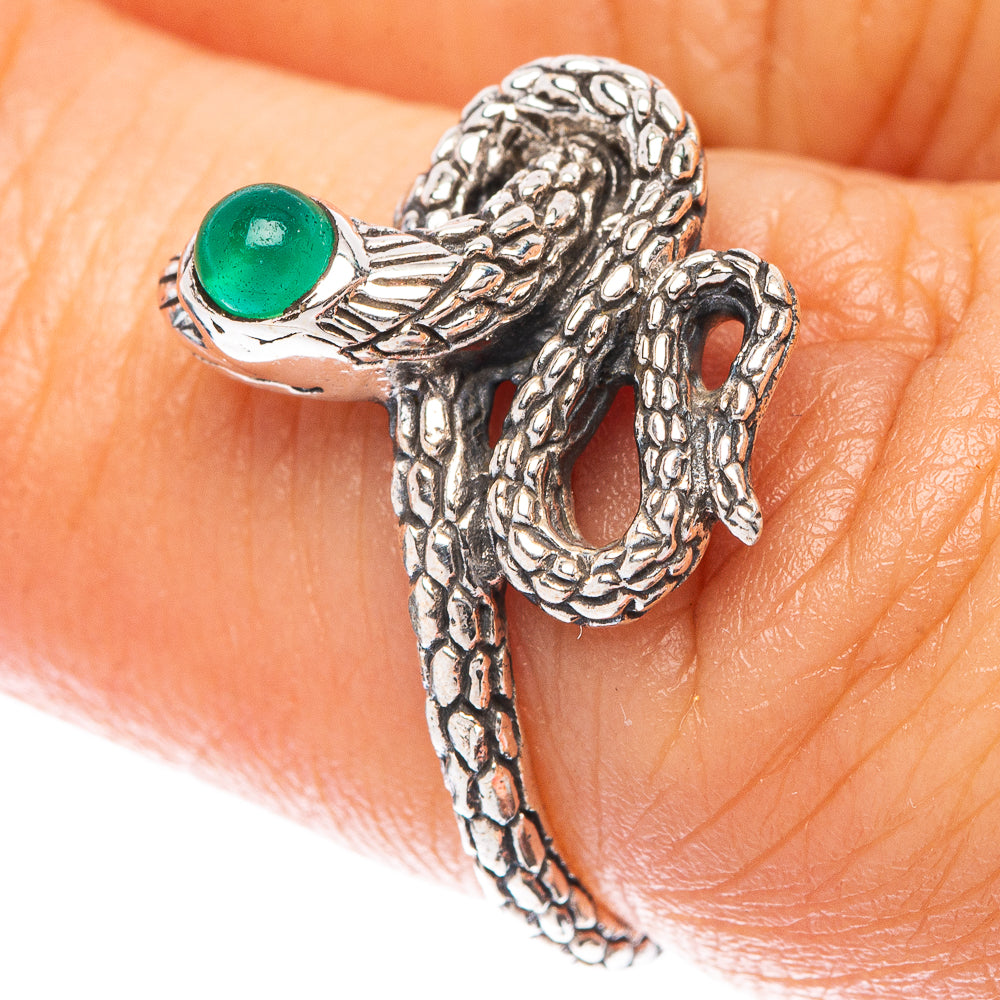 Sterling silver snake ring with green oval onyx cabochon, size 6.75