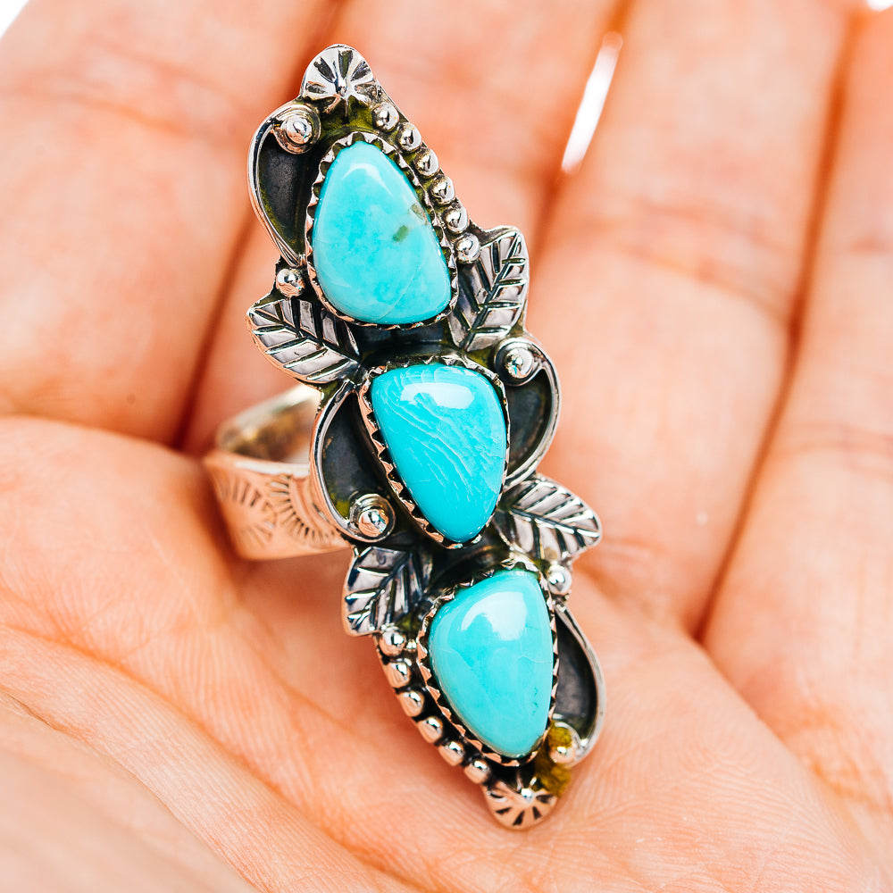 Exclusive Southwestern Style Campitos Turquoise Ring Size 7 Adjustable (.925 Sterling Silver)