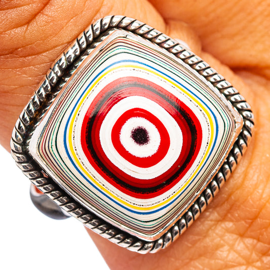 Sterling silver fordite ring with square concentric red, white, blue, and yellow pattern