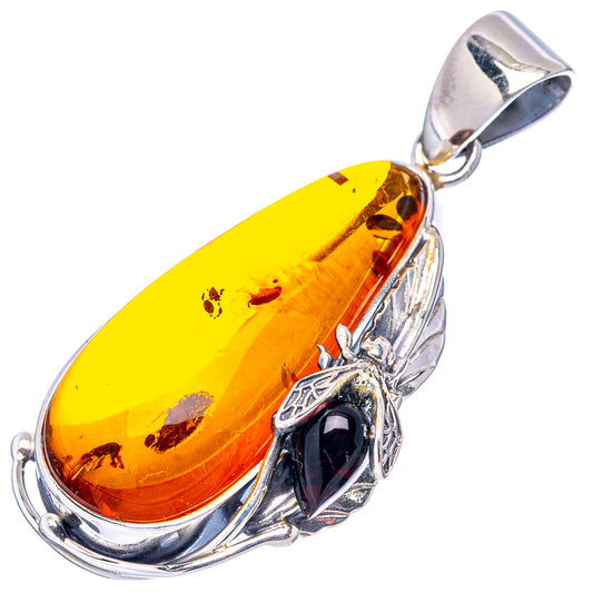 Sterling silver teardrop Baltic amber bee pendant with yellow amber center