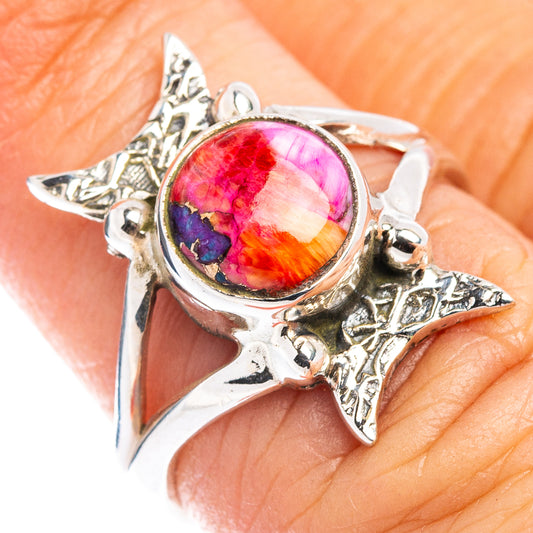 Sterling silver native-style ring with oval red-pink and purple cabochon centerpiece