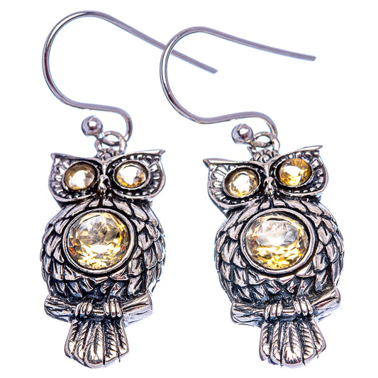 Sterling silver owl drop earrings with yellow citrine glass stones, full view