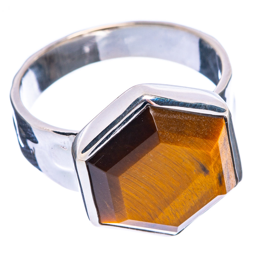 925 sterling silver tiger eye ring with faceted hexagonal golden-brown stone, size 6.5