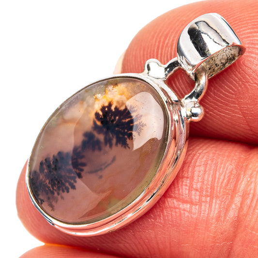 Oval dendritic agate cabochon pendant, sterling silver bezel and bail
