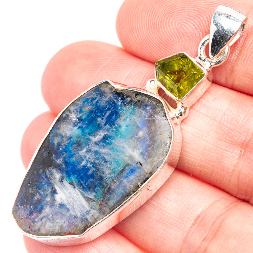 Raw Rainbow Moonstone, Peridot Pendant 2" (925 Sterling Silver) P39299
