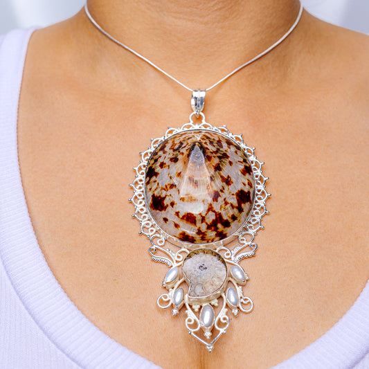 925 sterling silver filigree pendant with brown mottled shell and pearl accents
