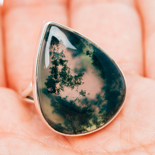 Sterling silver teardrop moss agate ring, dark green stone with cloudy white areas