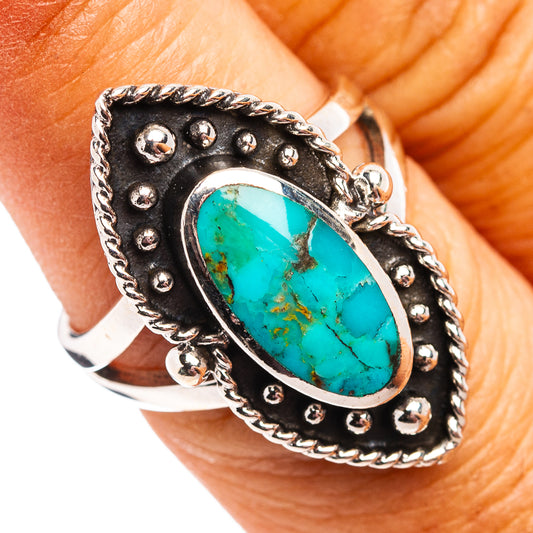 Native Style turquoise oval ring in .925 sterling silver with ornate silver bezel