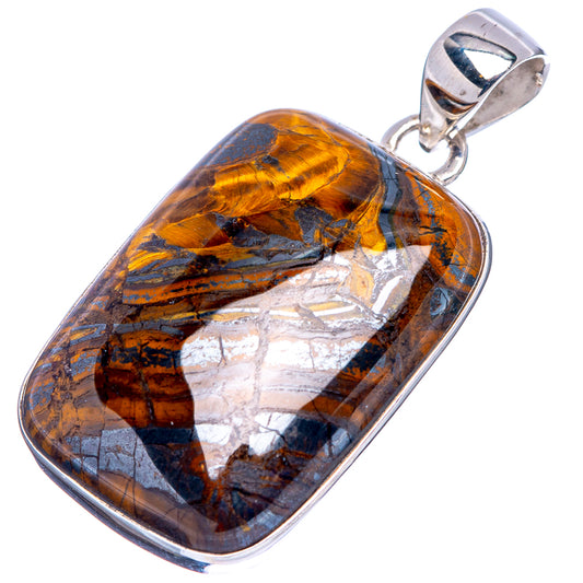 Sterling silver tiger iron pendant with oval orange-brown stone, silver bail loop
