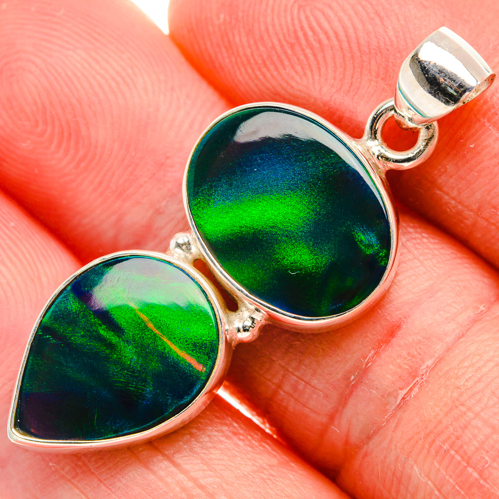 Sterling silver double teardrop opal pendant, iridescent dark green-blue cabochons