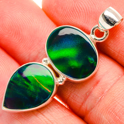 Sterling silver double teardrop opal pendant, iridescent dark green-blue cabochons