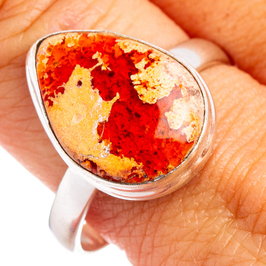 Oval fire opal cabochon ring in .925 sterling silver, red orange speckled