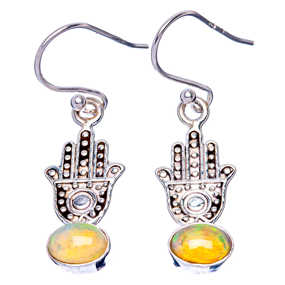 Pair of hamsa opal drop earrings with round multicolor opal cabochons and silver hooks