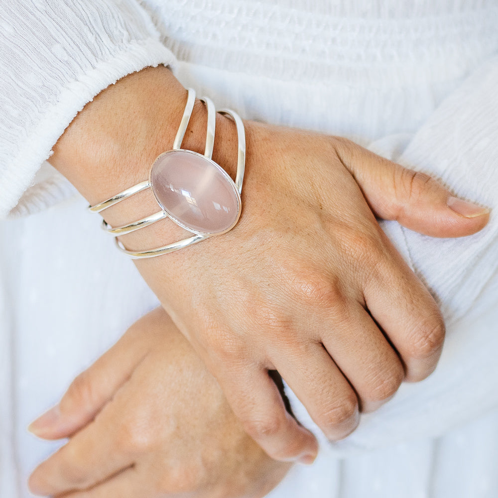 Rose Quartz Cuff Bracelet (925 Sterling Silver) BR90277