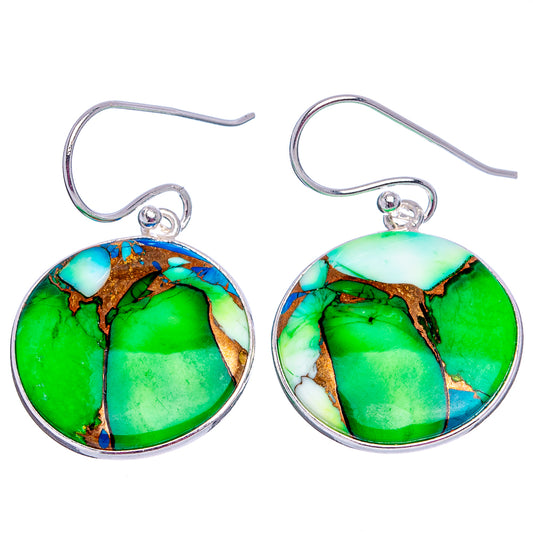 Round turquoise drop earrings in green, blue, and gold with sterling silver hooks.