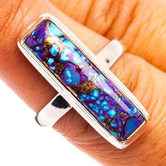 Sterling silver rectangle ring with purple and blue copper turquoise gemstone
