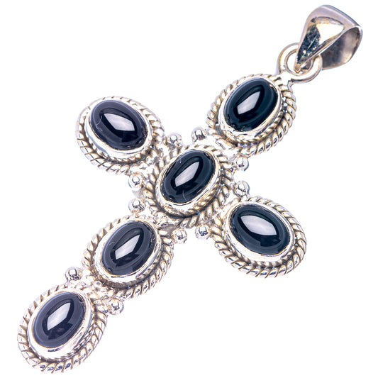 Sterling silver black onyx cross pendant with oval stones, top bail visible