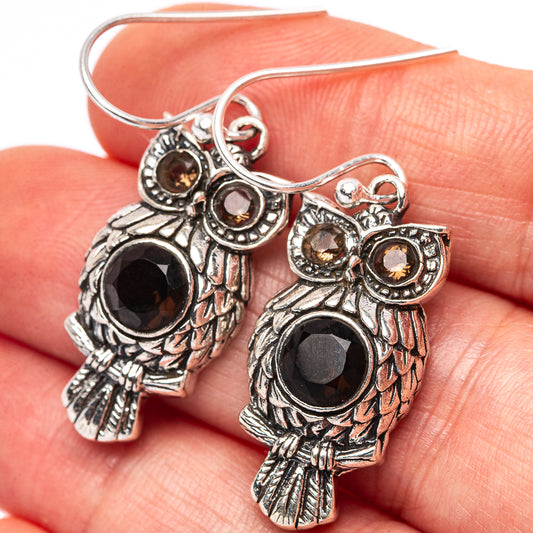 Smoky quartz owl drop earrings, .925 sterling silver with brown round cabochons