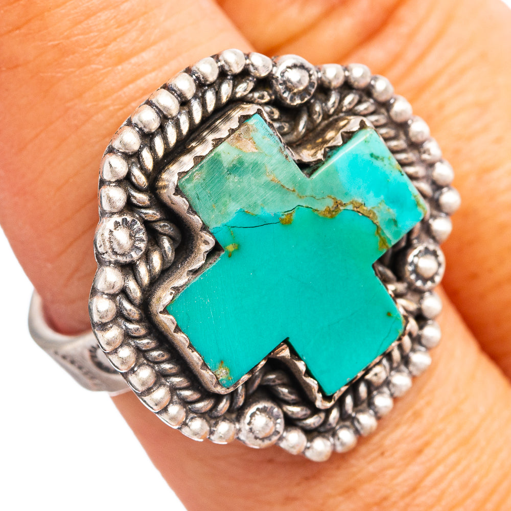Southwestern Style Mojave Turquoise Cross Ring Size 8 Adjustable (.925 Sterling Silver)