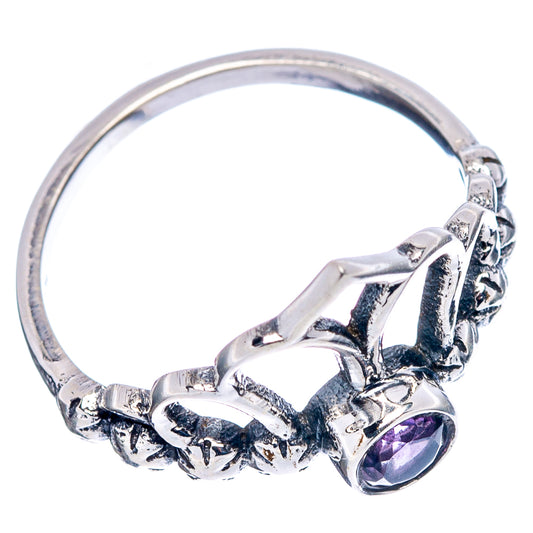 Amethyst crown dainty ring, sterling silver band with crown detail and purple gemstone side view