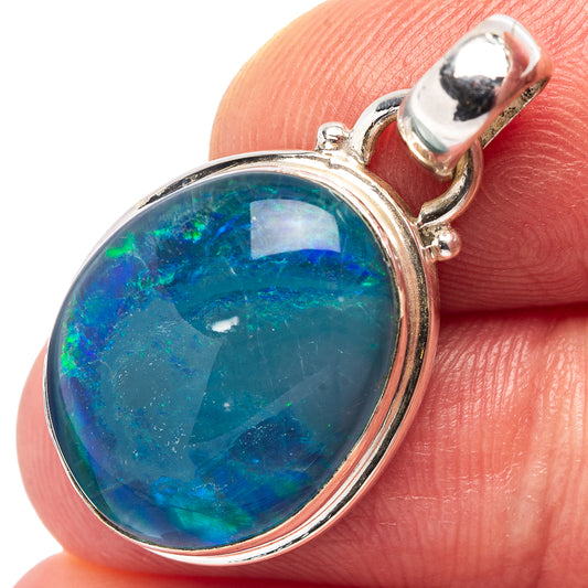 Oval opal pendant in .925 sterling silver, blue-green stone with silver bezel