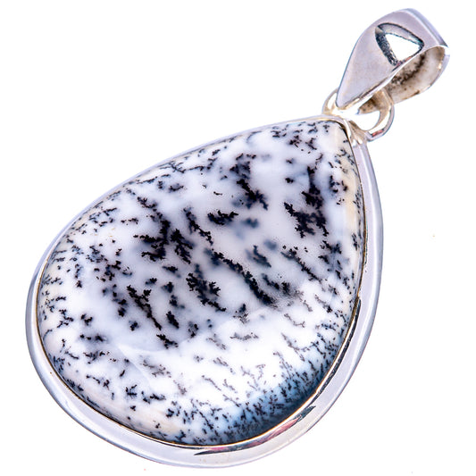 Sterling silver teardrop pendant featuring white-and-black dendritic agate stone