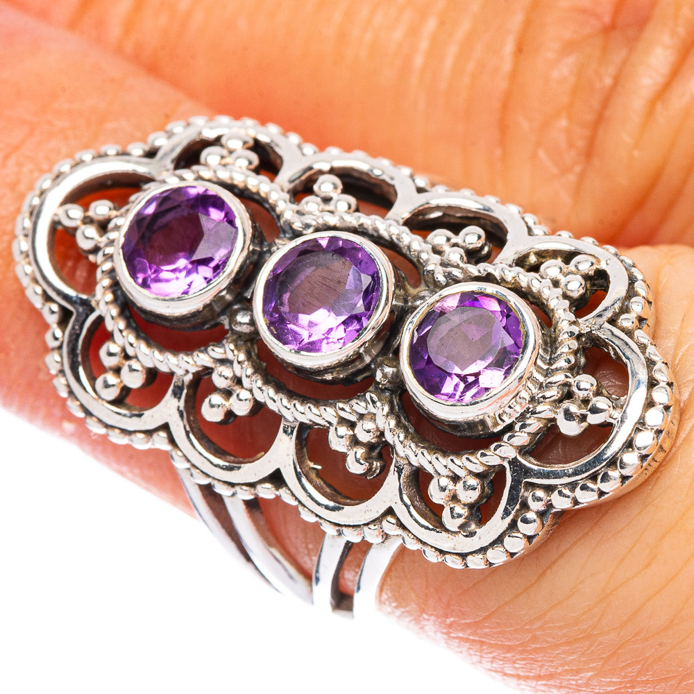 Amethyst 925 sterling silver ring with three purple gemstone cabochons, filigree setting