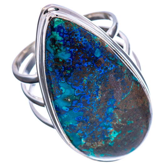 Teardrop silver ring with blue and green azurite malachite stone, curved band
