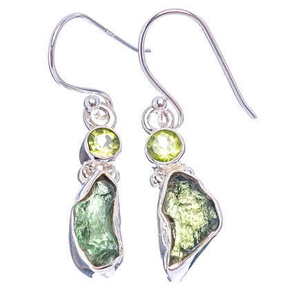 Sterling silver dangle earrings with green round stones and green moldavite teardrops