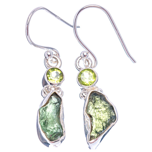 Sterling silver dangle earrings with green round stones and green moldavite teardrops