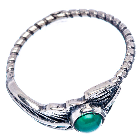 Green onyx cabochon feather ring, .925 sterling silver band with etched texture