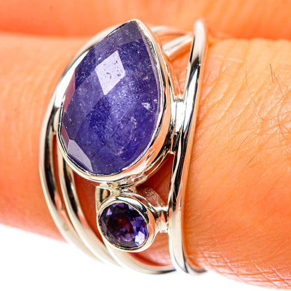925 sterling silver tanzanite ring, large oval purple center and round side stone
