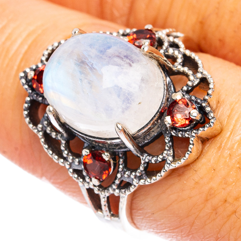 Rainbow Moonstone, Garnet Ring Size 8.75 (925 Sterling Silver) R4796