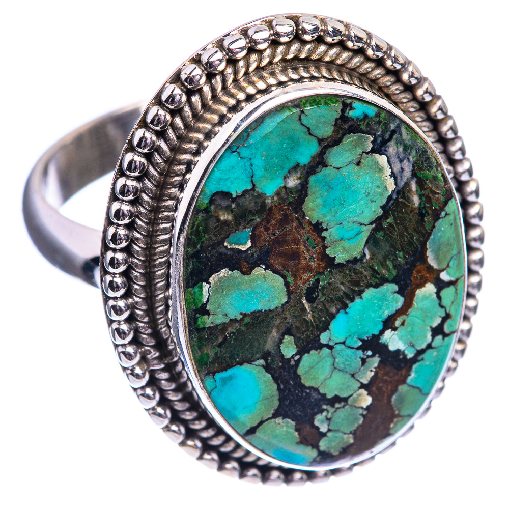 Turquoise oval gemstone ring, silver rope-bezel border and patterned band