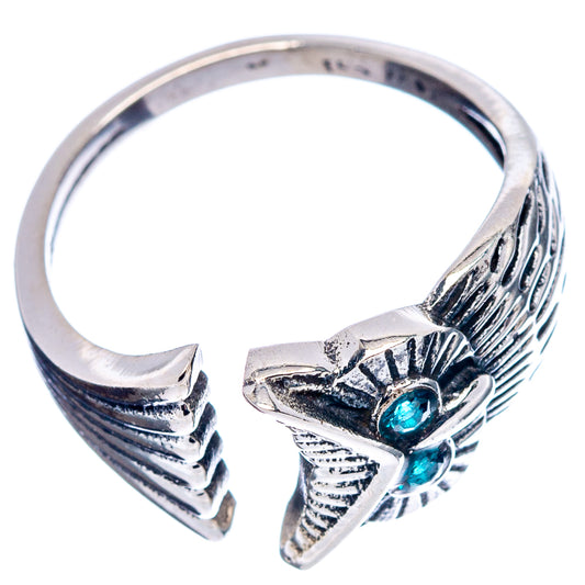 Sterling silver owl ring with blue cubic zirconia eye stones and openwork design