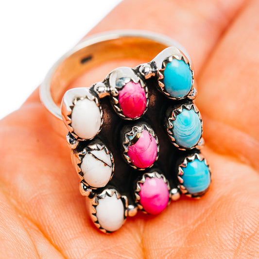 Exclusive Southwestern Style Cotton Candy Turquoise, White Buffalo Turquoise Ring Size 6 Adjustable (.925 Sterling Silver)
