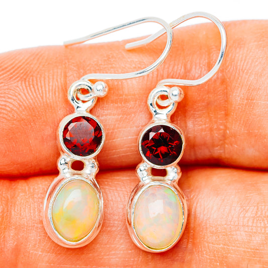 Ethiopian Opal, Garnet Earrings 1 1/4" (.925 Sterling Silver)