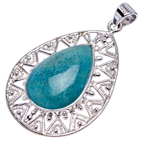 Blue-green turquoise teardrop pendant in openwork filigree sterling silver frame