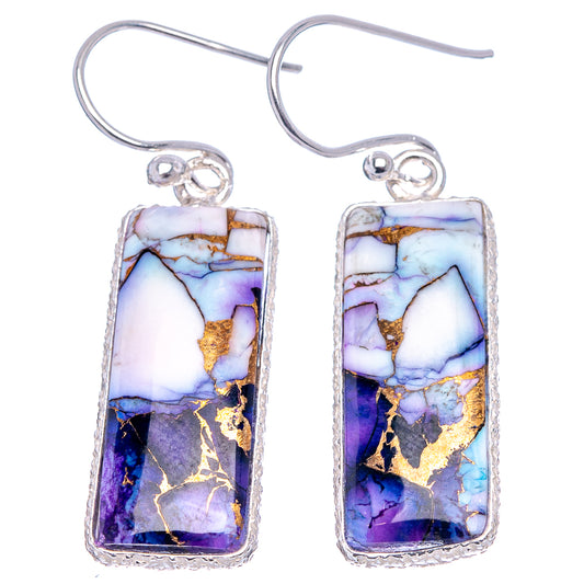 Sterling silver rectangle drop earrings with purple, blue, and gold mosaic stones, 1.5 in