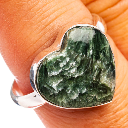 Heart-shaped seraphinite ring, size 9.75, .925 sterling silver band with dark green stone.