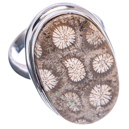 Fossil coral oval ring in .925 sterling silver with textured band and bezel set cabochon