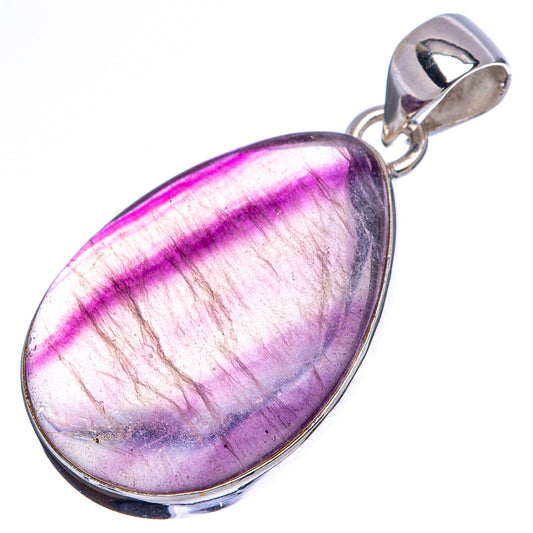 Fluorite pendant teardrop silver bezel with top loop bail; vivid purple banded gemstone