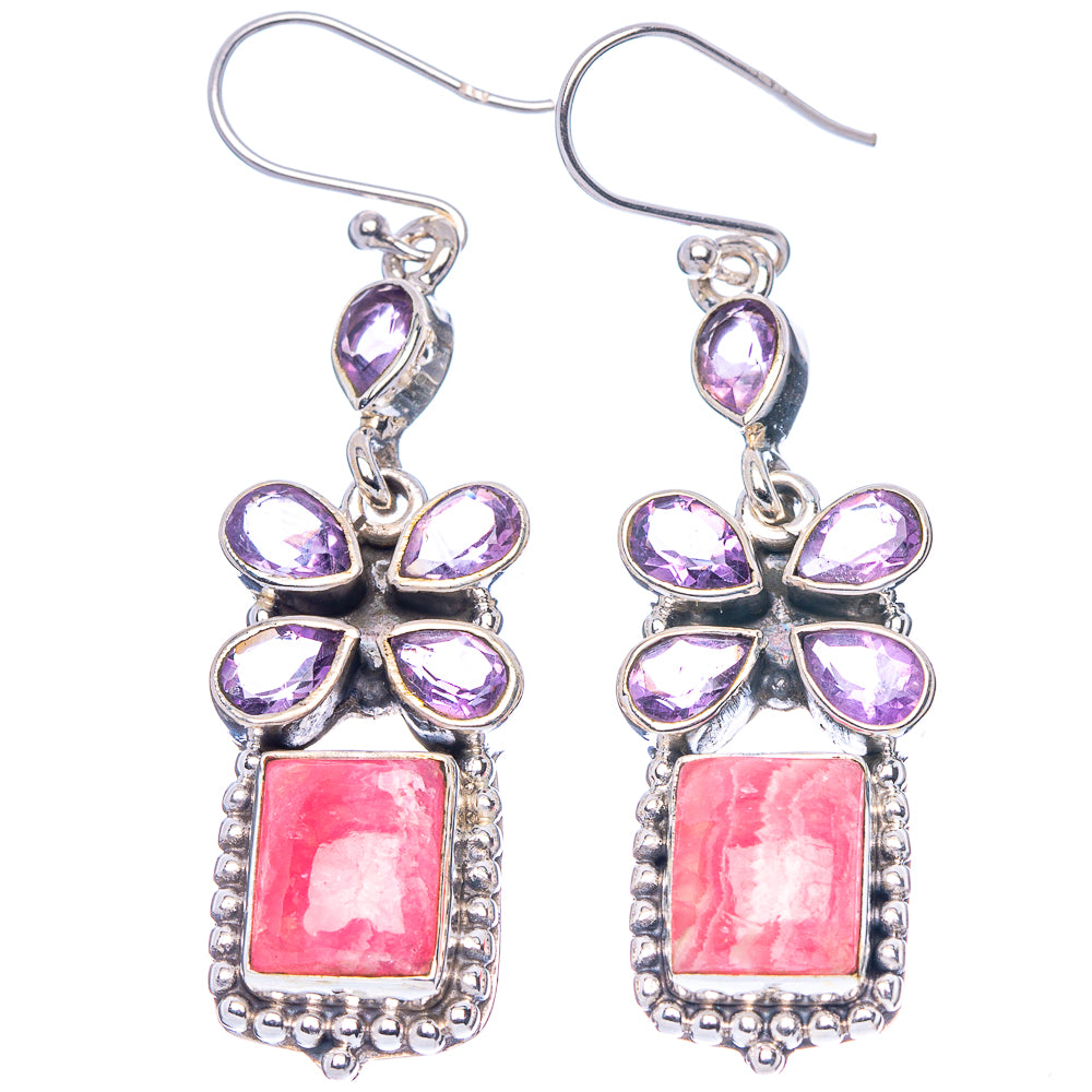 Sterling silver drop earrings with amethyst petal flower and rhodochrosite square stones