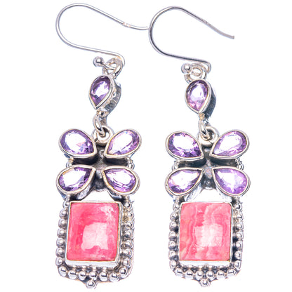 Sterling silver drop earrings with amethyst petal flower and rhodochrosite square stones