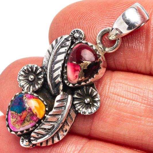 Sterling silver pendant with red oval and colorful teardrop inlay, hinged bail