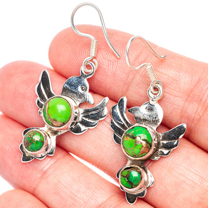 Green Copper Composite Turquoise Bird Earrings 1 5/8" (925 Sterling Silver) E433240