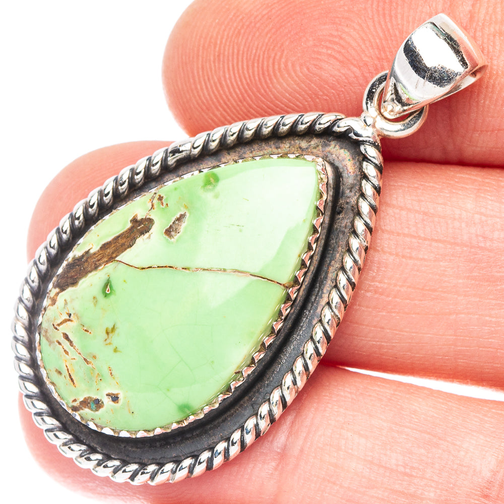 Variscite pendant in 925 sterling silver, teardrop green gemstone with rope-edge bezel